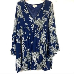 Entro Blue Floral Mini Dress with Bell Sleeve Boho Size Large